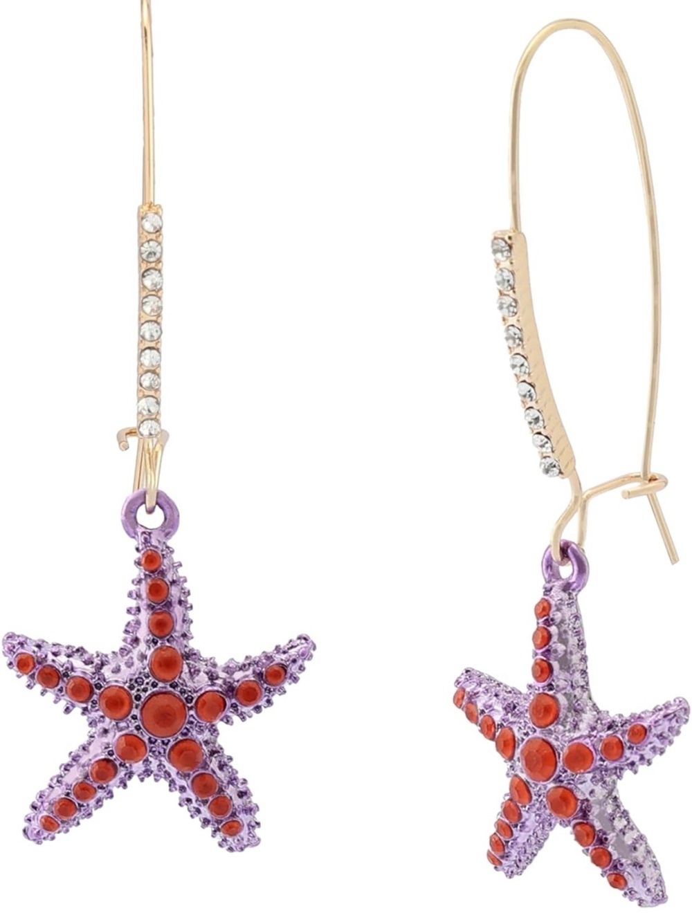 Betsey Johnson Purple and Orange Starfish Dangle Earrings with Rhinestone Hooks